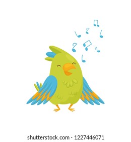 Adorable green parrot singing song. Cartoon bird character with bright green and blue feathers. Flat vector icon