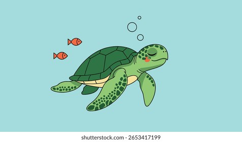 Adorable green sea turtle swimming peacefully through the ocean with small fish and bubbles