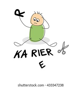 Adorable green shirted doodle figure crying as he sits beside the german word for career and scissors