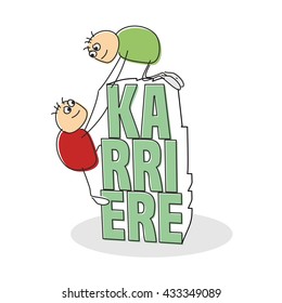 Adorable green shirted doodle figure crying as he sits beside the german word for career and scissors