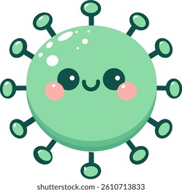 Adorable green virus cartoon character with a sweet smile and pink cheeks. Perfect for kids' education, health illustrations, or cute science-themed design concepts