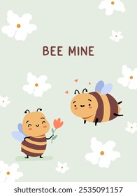 Adorable greeting card design with cute bee illustration. Hand drawn vector. 