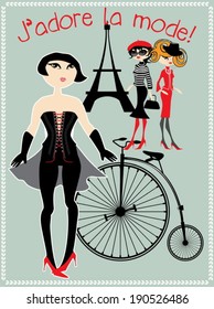 Adorable greeting card with Paris theme with fashion girl