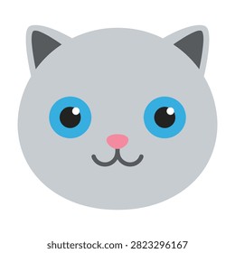 Adorable grey cartoon cat face with blue eyes and pink nose emoticon smiling