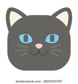 Adorable grey cartoon cat face with blue eyes and pink nose smiling sweetly isolated on white background