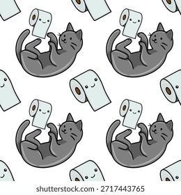 Gato gris adorable que juega con los rollos lindos del papel higiénico, un patrón inconsútil encantador del Vector para los fondos lúdicos.