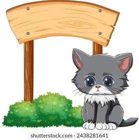 Adorable grey kitten sitting under a blank sign