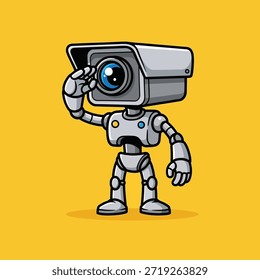 An adorable grey robot character featuring a surveillance camera head with a prominent blue lens, standing upright and making a saluting gesture.