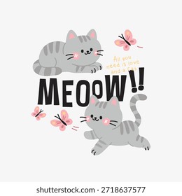 Adorable Grey Tabby Kittens Playing with Pink Butterflies and 'MEOW!!' Text