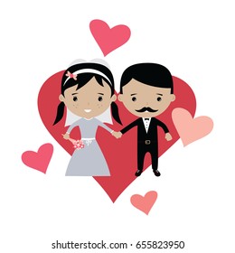 adorable groom and bride lovely marriage cartoon theme vector