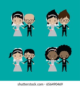 adorable groom and bride lovely marriage cartoon theme vector