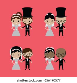adorable groom and bride lovely marriage cartoon theme vector