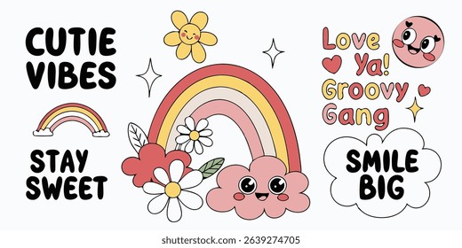 Adorable groovy style illustration featuring a rainbow with smiling clouds flowers and inspirational text