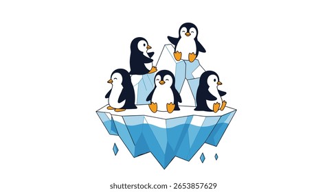 Adorável grupo de cinco pinguins divertidos sentados em uma formação irregular de iceberg flutuando em águas claras do ártico