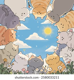 An adorable group of fluffy cats forming a circle around a bright blue sky with the sun shining, surrounded by blooming flowers, creating a cheerful scene