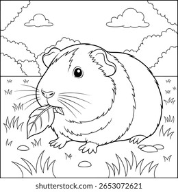 An adorable guinea pig munches on a leaf in a grassy field—perfect for children’s animal-themed coloring fun.