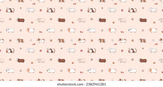 Adorable Guinea Pigs Seamless Pattern. Cute Child Design, Domestic Pet Shop Animals Wallpaper, Playful Hamster Guinea Pig with Flowers and Hearts Background Illustration.