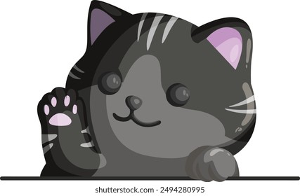 Adorable half-body black cat vector waving hi. Perfect for greeting cards, stickers, and digital projects. This cute, friendly feline adds a cheerful touch to any design. Ideal for cat lovers.