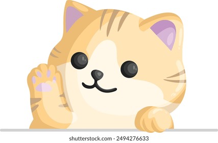 Adorable half-body orange cat vector waving hi. Perfect for greeting cards, stickers, and digital projects. This cute, friendly feline adds a cheerful touch to any design. Ideal for cat lovers.