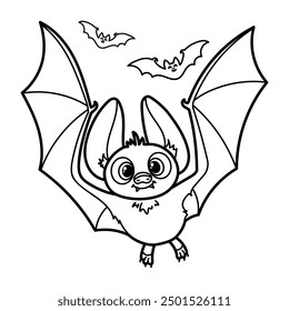 Adorable Halloween bat coloring page. Cute cartoon bat vector illustration in black and white 