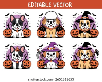 Adorable Halloween Bulldog Clipart Bundle Featuring Cute Dogs  Vector Set.