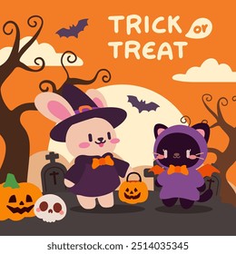 Adorable Halloween Bunny and Cat in Witch and Bat Costumes. Cute Trick or Treat Scene with Witch Bunny and Bat Cat. Spooky Halloween Night with Cute Bunny Witch and Cat in Graveyard.