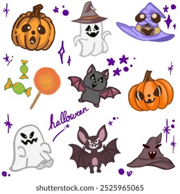 Adorable Halloween Cartoon Illustration Featuring Bats, Ghosts, Pumpkins, and Witch Hat for Halloween Designs, Banners, Invitations, Posters, and Social Media Graphics – Fun and Cute Halloween Art
