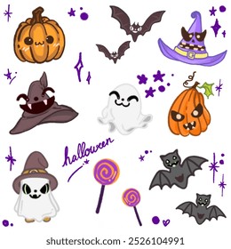 Adorable Halloween Cartoon Illustration Featuring Bats, Ghosts, Pumpkins, and Witch Hat for Halloween Designs, Banners, Invitations, Posters, and Social Media Graphics – Fun and Cute Halloween Art