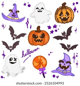 Adorable Halloween Cartoon Illustration Featuring Bats, Ghosts, Pumpkins, and Witch Hat for Halloween Designs, Banners, Invitations, Posters, and Social Media Graphics – Fun and Cute Halloween Art