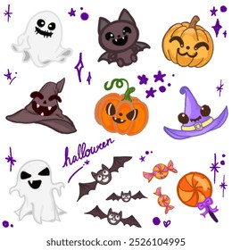 Adorable Halloween Cartoon Illustration Featuring Bats, Ghosts, Pumpkins, and Witch Hat for Halloween Designs, Banners, Invitations, Posters, and Social Media Graphics – Fun and Cute Halloween Art