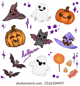Adorável ilustração de desenhos animados de Halloween com morcegos, fantasmas, abóboras e chapéu de bruxa para desenhos de Halloween, banners, convites, cartazes e gráficos de mídia social - divertido e bonito Halloween Art