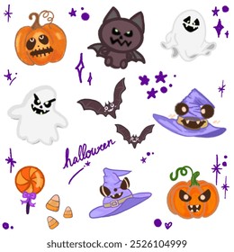 Adorable Halloween Cartoon Illustration Featuring Bats, Ghosts, Pumpkins, and Witch Hat for Halloween Designs, Banners, Invitations, Posters, and Social Media Graphics – Fun and Cute Halloween Art