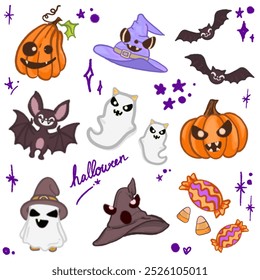Adorable Halloween Cartoon Illustration Featuring Bats, Ghosts, Pumpkins, and Witch Hat for Halloween Designs, Banners, Invitations, Posters, and Social Media Graphics – Fun and Cute Halloween Art