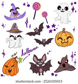 Adorable Halloween Cartoon Illustration Featuring Bats, Ghosts, Pumpkins, and Witch Hat for Halloween Designs, Banners, Invitations, Posters, and Social Media Graphics – Fun and Cute Halloween Art