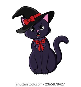 Adorable Halloween cartoon kitty cat with witch hat and bow. Isolated vector illustration