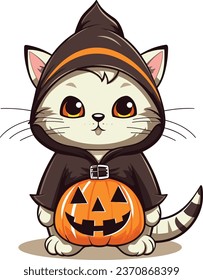 Adorable Halloween Cat Costume Vector Art with pumpikin.