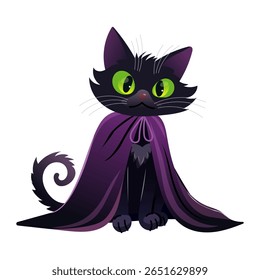 An adorable Halloween Cat in a dazzling purple cape eagerly awaits your attention