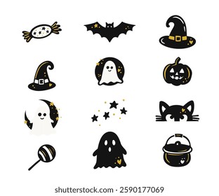 Adorable Halloween Clipart Set Featuring Ghosts, Bats, Pumpkins, Witch Hats, And Stars In A Cute Hand-Drawn Vector Illustration  