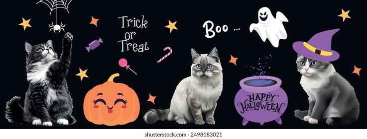 Adorable Halloween collage with with playful cats, pumpkins, ghosts, and candy elements. Trendy halftone collage for festive party invitation, social media banner, greeting card, and decoration 