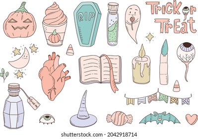 Adorable Halloween collection of kawaii doodle illustrations.