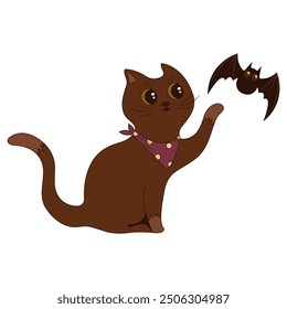 Adorable Halloween duo: cat and flying bat