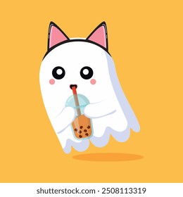 Adorable Halloween Flying Ghost drinking Boba Vector Illustration