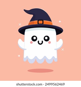 Adorable Halloween Flying Ghost with Witch Hat Vector Illustration