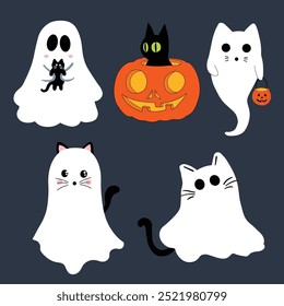 Adorável Halloween Ghost Boo Gatos Vetor Art.Spooky e bonitos felinos.