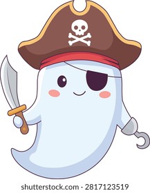 Adorable halloween ghost character dressed as pirate wearing tricorn hat with skull symbol, eye patch, holding sword and hook hand, cute spooky cartoon mascot for kids