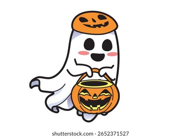 Adorable Halloween ghost character holding a pumpkin bucket with a joyful expression. Halloween concept
