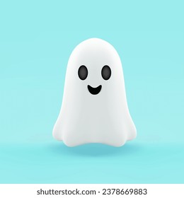 Adorable Halloween ghost flying spirit character 3d icon realistic vector illustration. Cute funny scary monster in white costume smiling kawaii monster positive horror creepy evil dead spooky object