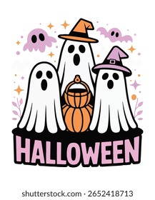Adorable Halloween Ghosts Vector. Cute Spooky Spirits with Pumpkins And Witch Hats for T-Shirts, Decor And Digital Prints. Festive Art