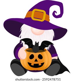 Adorable Halloween gnome holding a pumpkin lantern with a bat. Dressed in a purple witch hat and cape, perfect for seasonal prints, crafts, and party invitations.