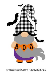 Adorable Halloween gnome with witch boo text - gnome with pumpkin lantern. Nordic magic dwarf. Cute holidays Elf with hat. Vector illustration for Harvest, Thanksgiving, Halloween. Trick or treat